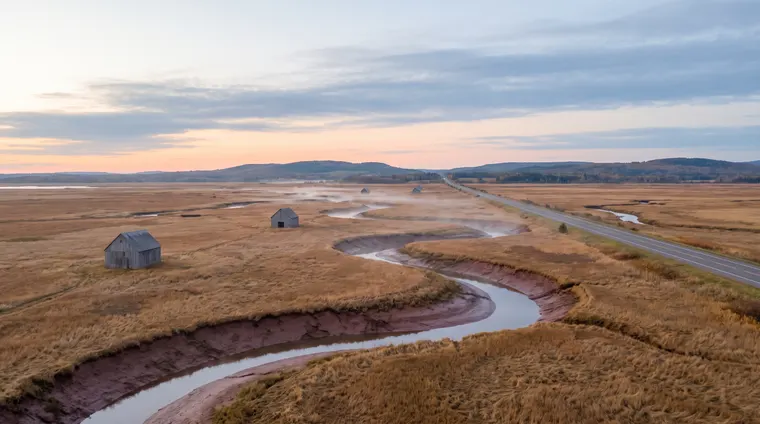 Tantramar marshes and highway at sunrise